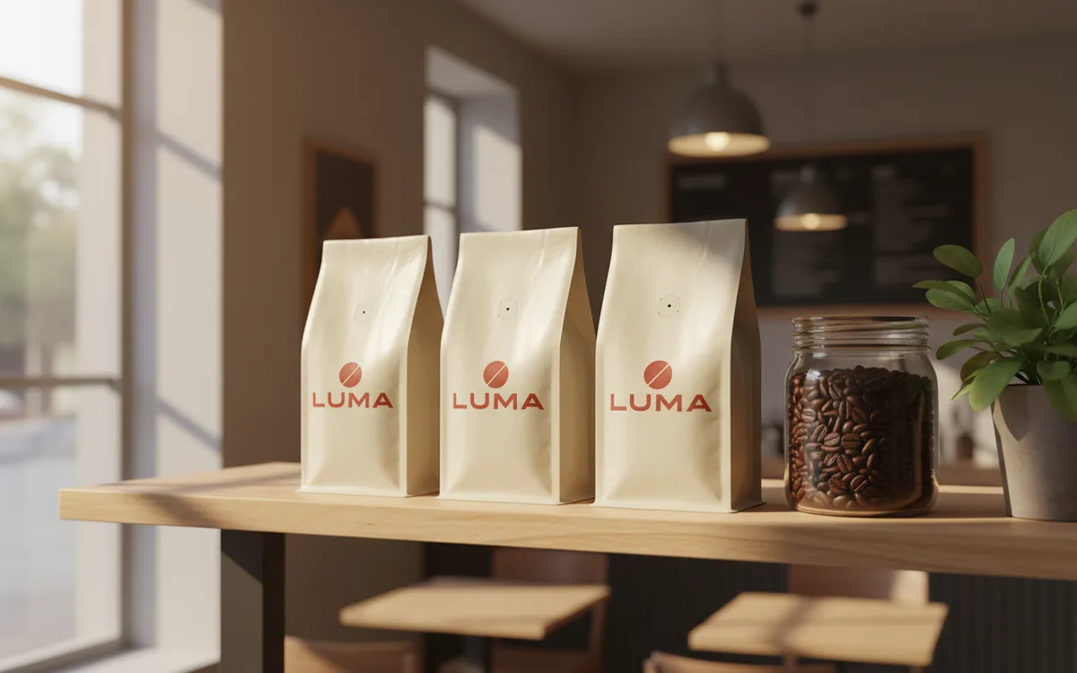 Минималистичный логотип на упаковке кофе в кофейне
