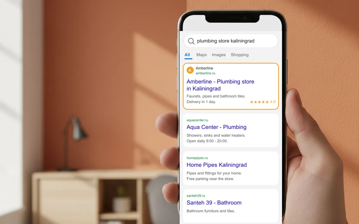 Поисковая выдача на смартфоне: сайт клиента на первом месте после SEO продвижения