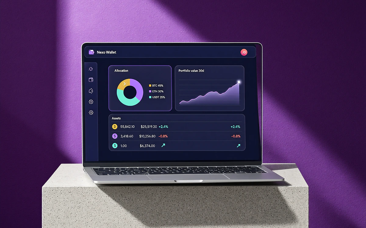 Разработка крипто-стартапов: панель аналитики портфеля на экране ноутбука