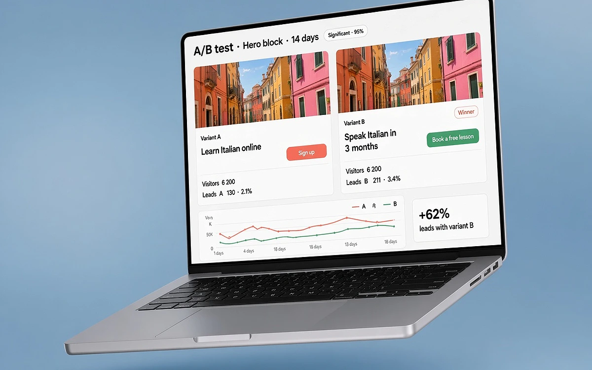Результат A/B-теста двух вариантов первого экрана посадочной страницы на ноутбуке