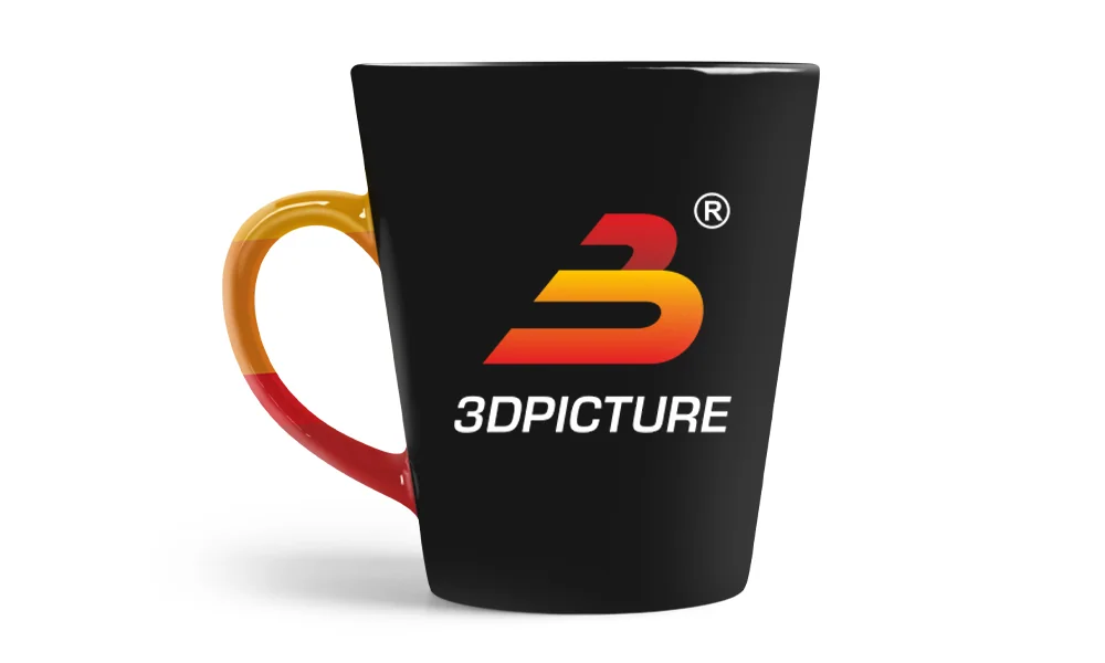 Чёрная кружка с логотипом 3DPicture и жёлто-красной ручкой
