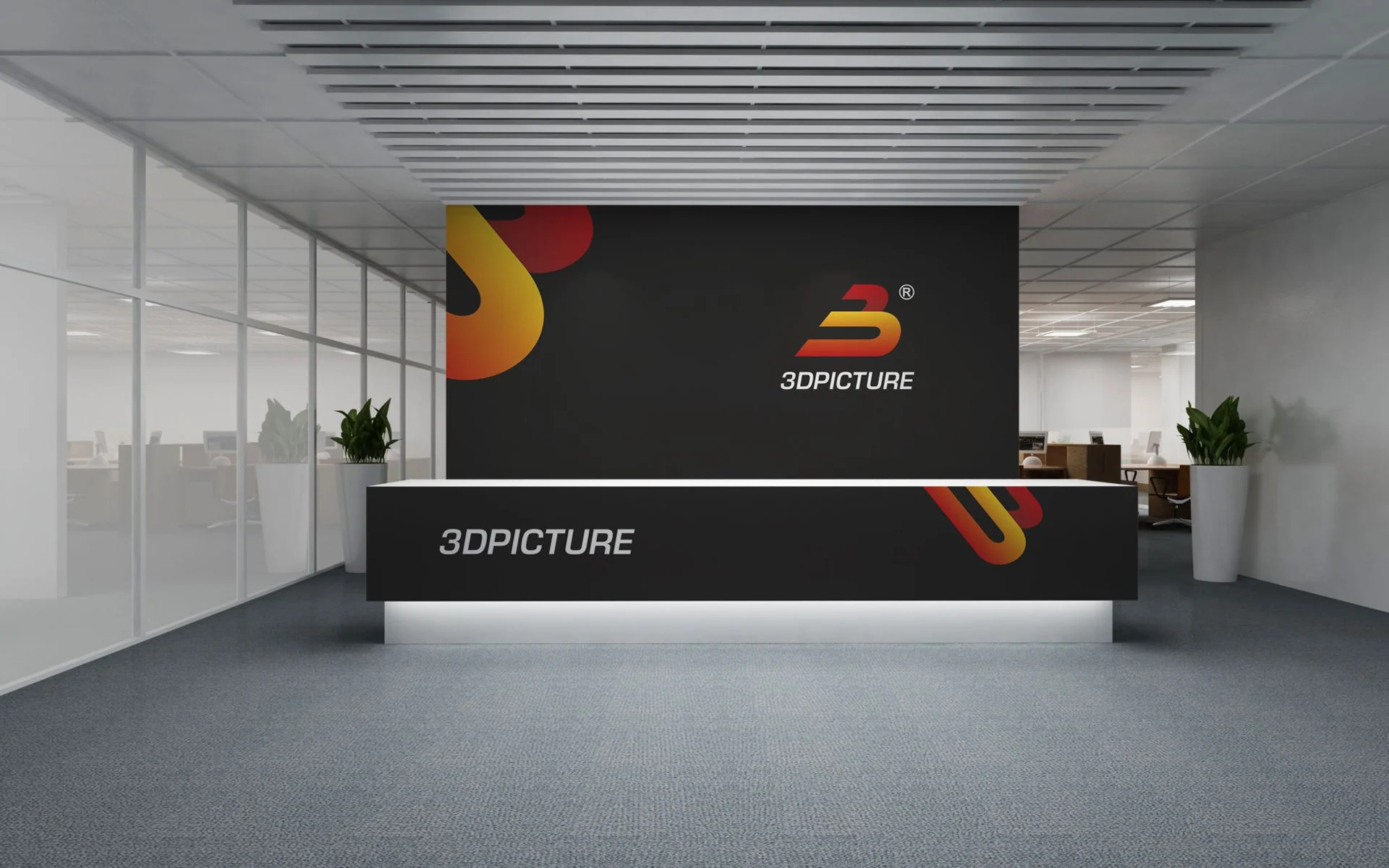 Ресепшен 3DPicture с логотипом на стене и стойке