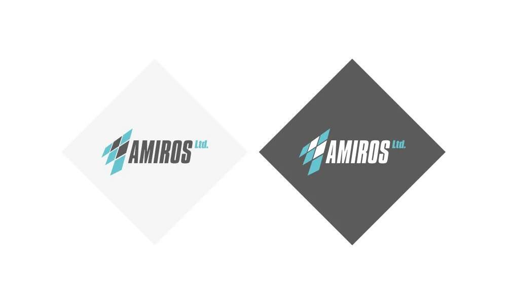 Версии логотипа Amiros на белом и графитовом ромбе
