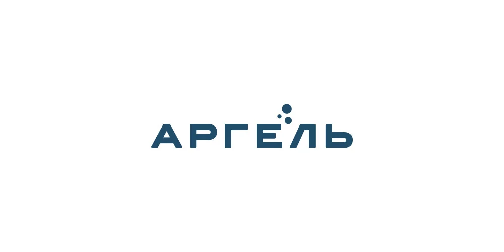 Логотип «Аргель»: широкие буквы и три пузырька над буквой Е