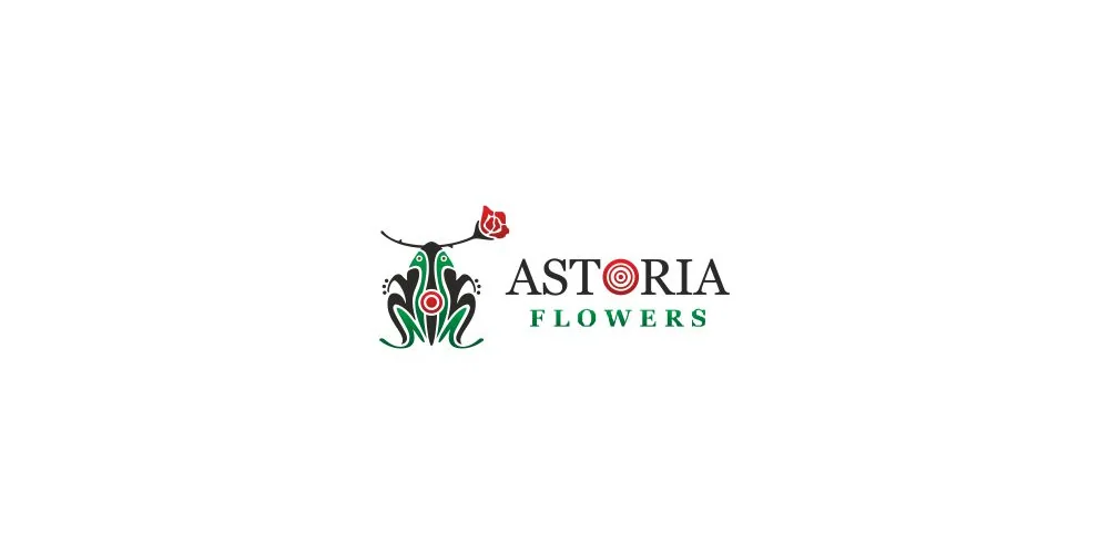Логотип Astoria Flowers: орнаментальный знак с розой и название