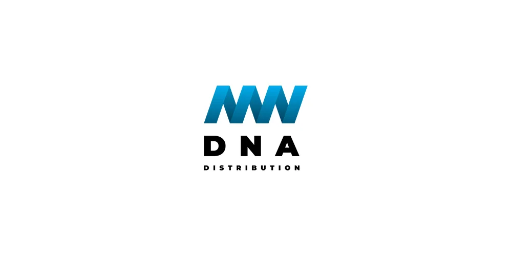 Логотип DNA Distribution: знак из синих волн и название