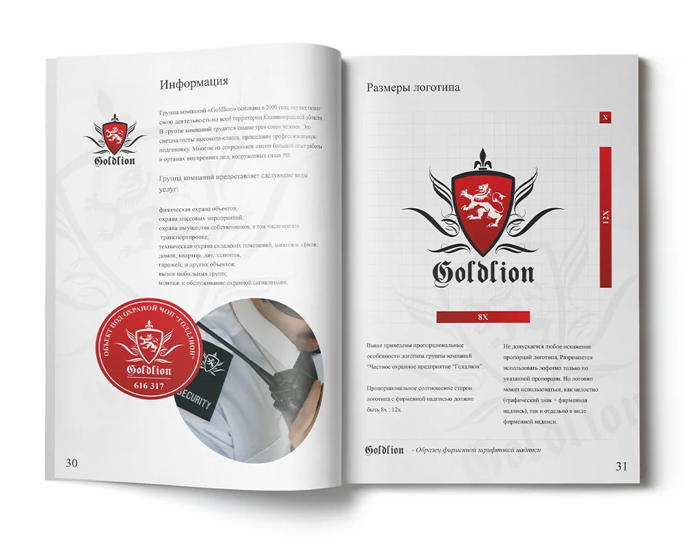 Разворот брендбука Goldlion с правилами использования логотипа