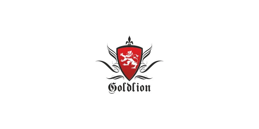 Логотип Goldlion: красный щит со львом, орнамент и готическое название