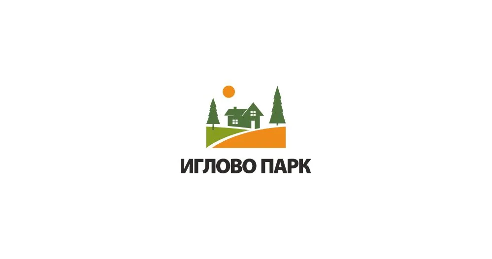Логотип «Иглово парк»: дом, ели и солнце над зелёным и оранжевым полем