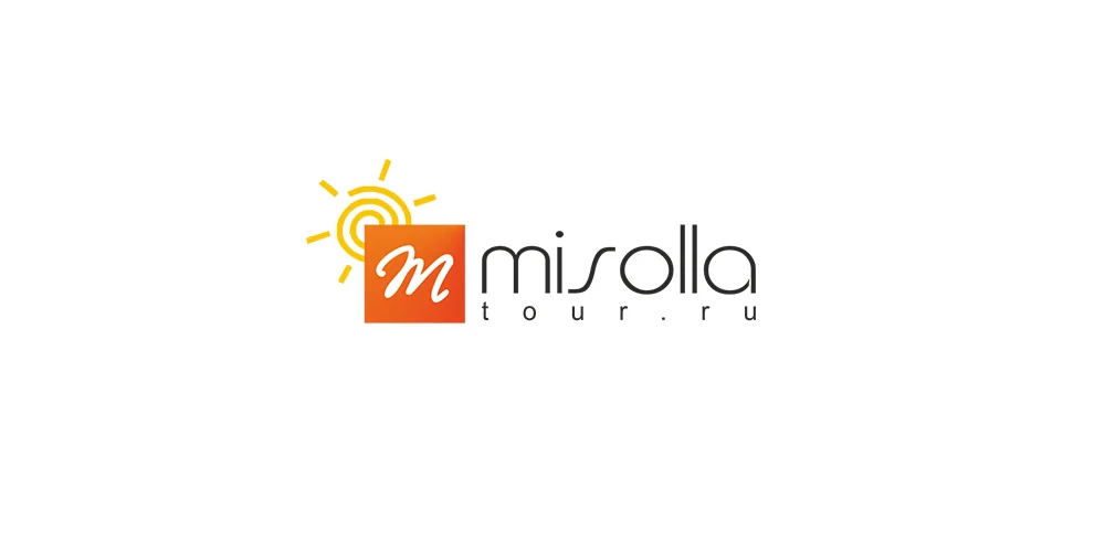 Логотип Misolla Tour: солнце, оранжевый квадрат с буквой M и название