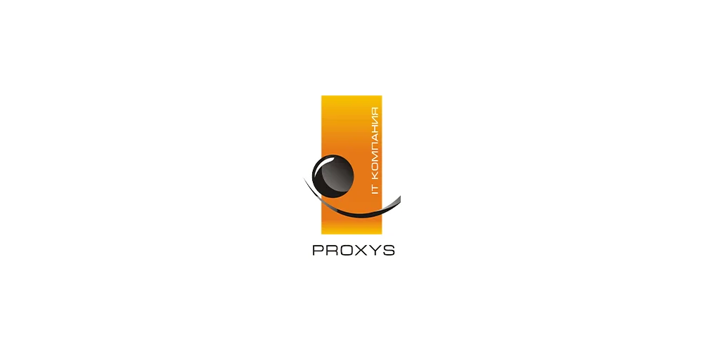 Логотип Proxys: оранжевая вертикальная плашка, чёрная сфера и название