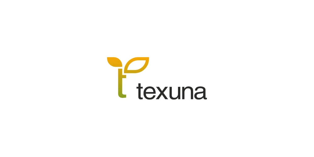 Логотип Texuna: буква t с оранжевым и оливковым листьями и название