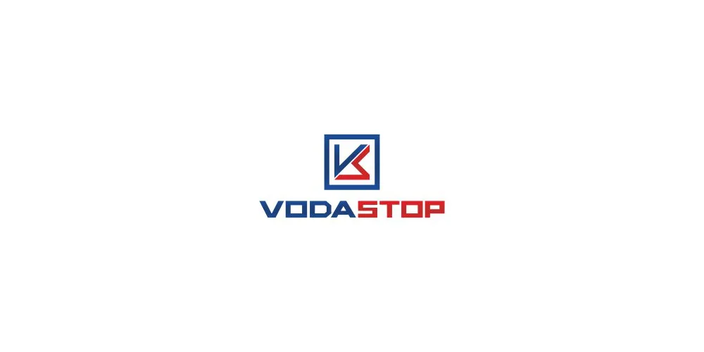 Логотип VODASTOP: знак в квадратной рамке и название синим и красным