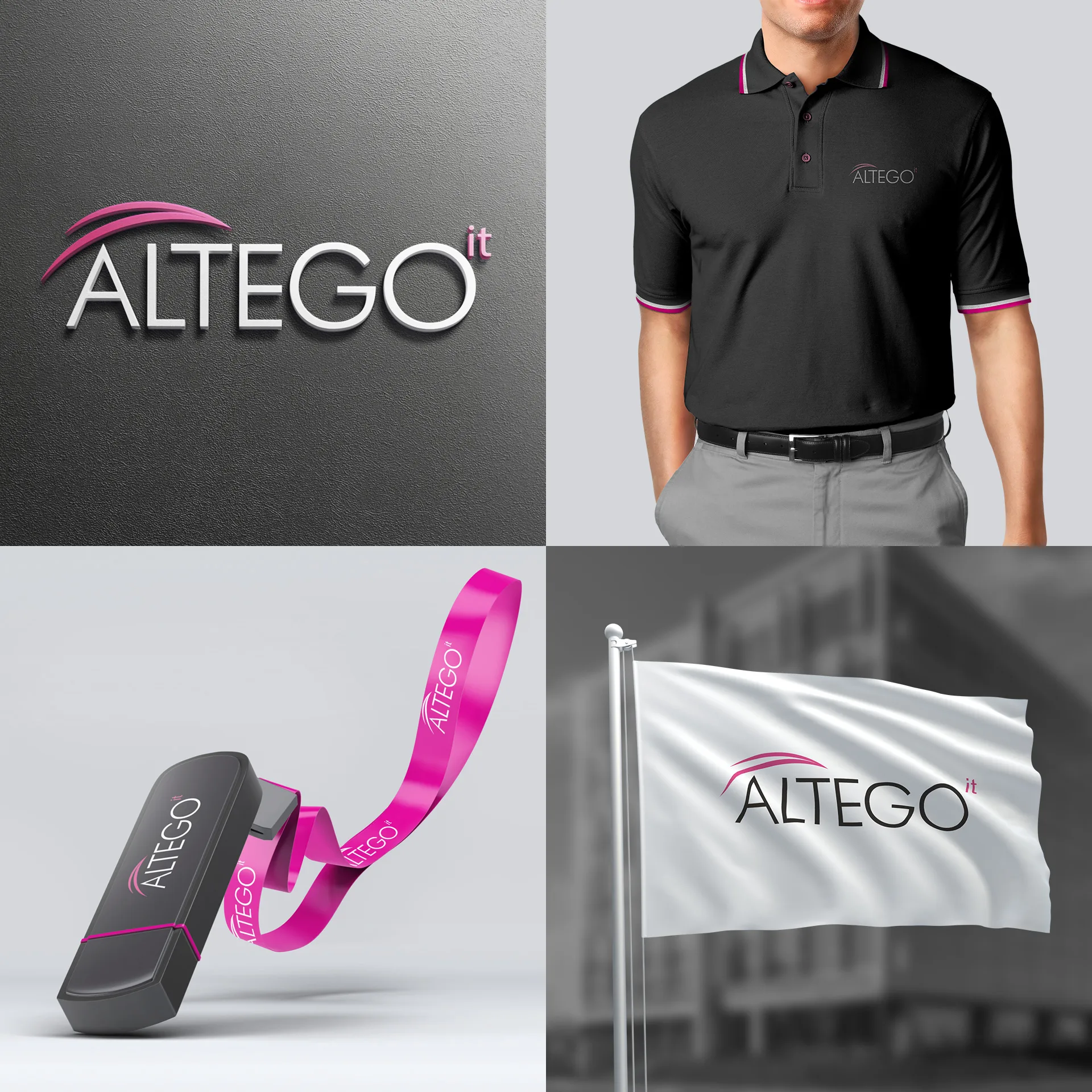 Логотип Altego IT на стене, поло, флешке с лентой и флаге