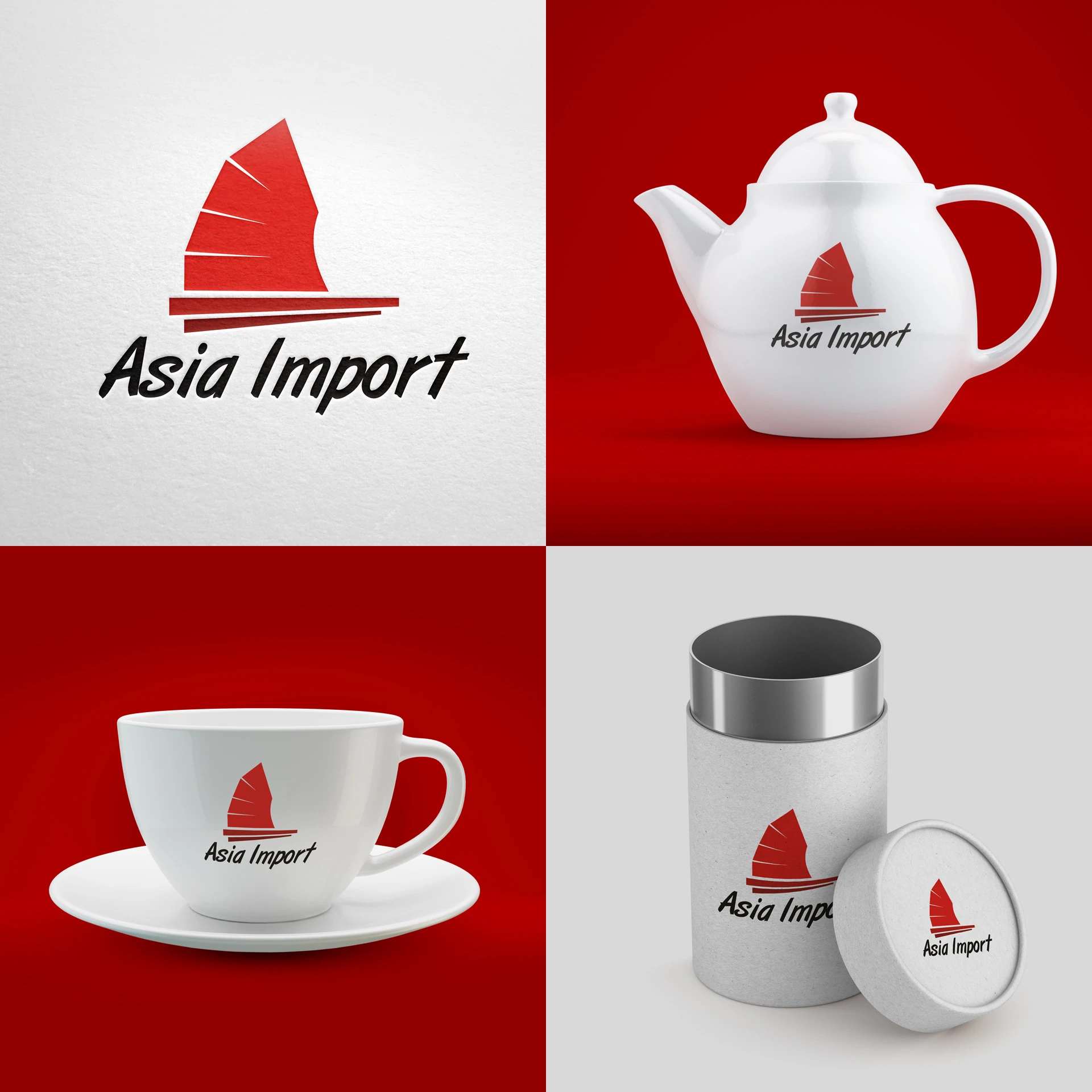 Логотип Asia Import на чайнике, чашке и банке для чая
