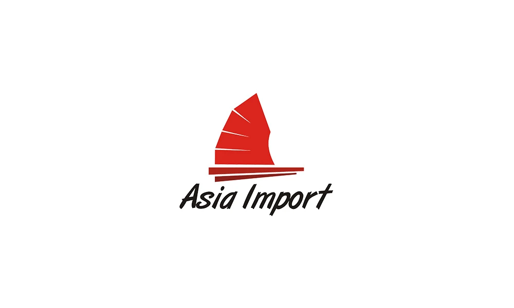 Логотип Asia Import: красный парус джонки над надписью