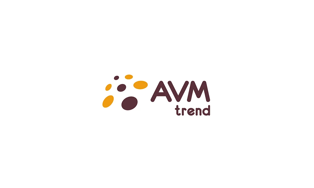 Логотип AVM Trend: точки разного размера в оранжевом и бордовом рядом с названием