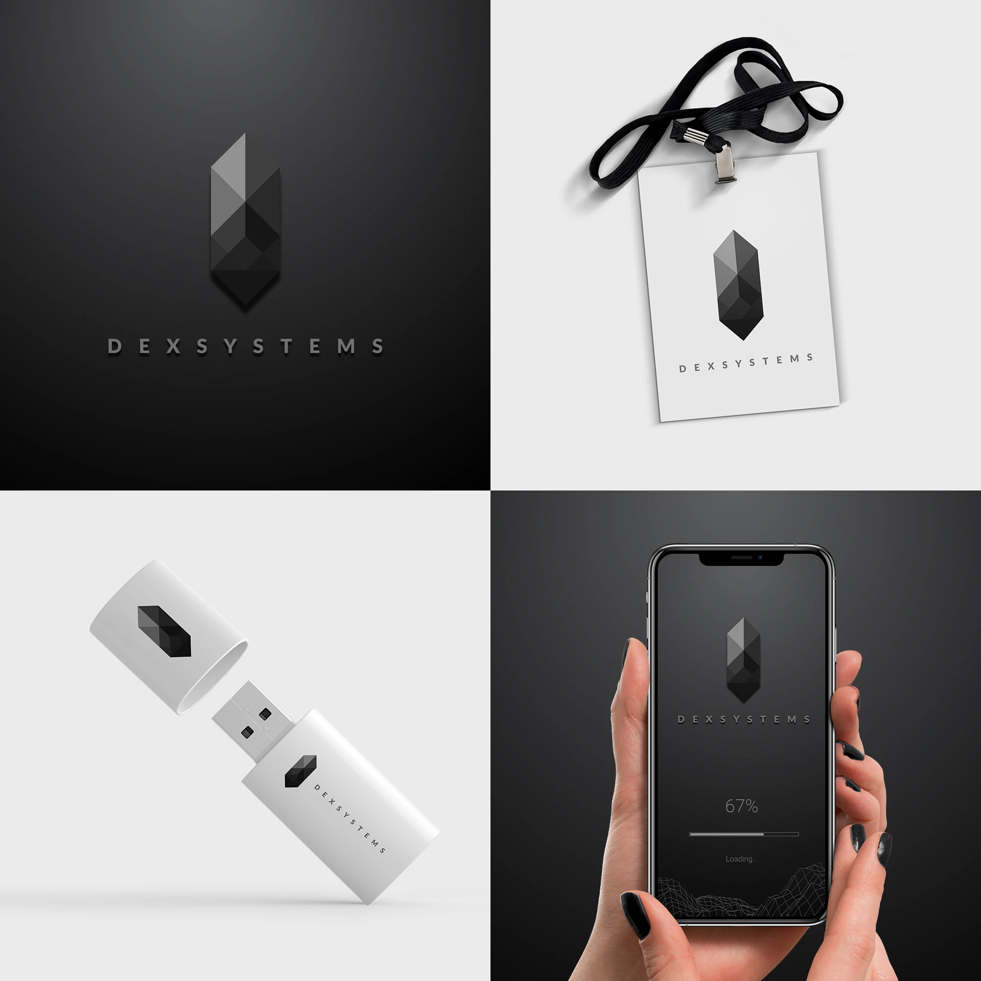 Логотип Dex Systems на бейдже, флешке и экране смартфона