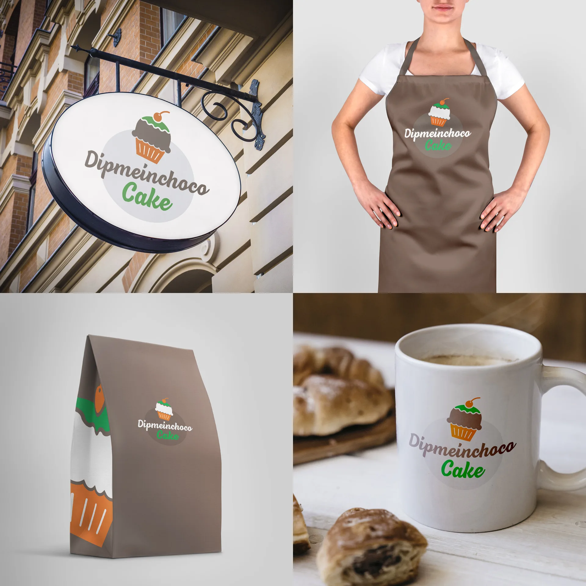 Логотип Dipmeinchoco Cake на вывеске, фартуке, пакете и кружке