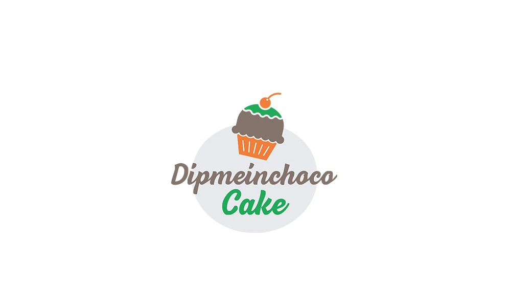 Логотип Dipmeinchoco Cake: шоколадный маффин с вишней и рукописная надпись в сером овале