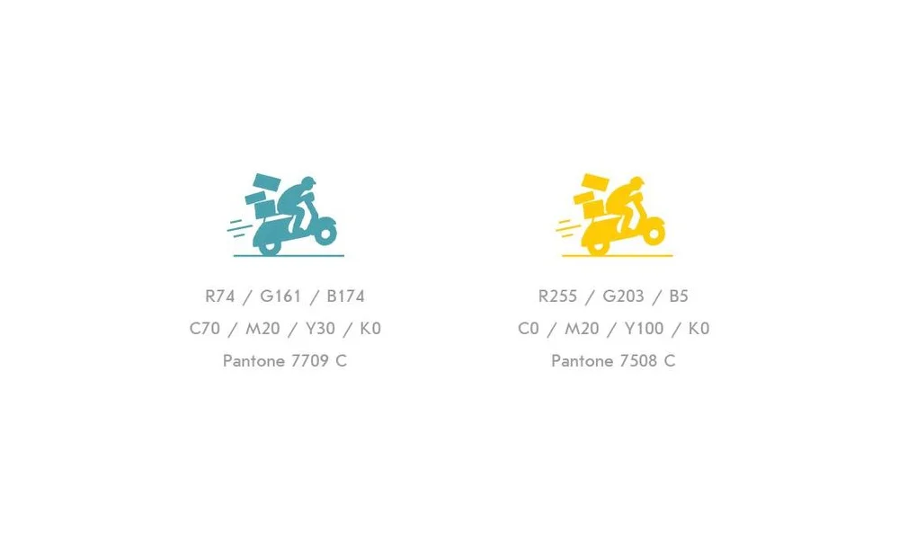 Фирменные цвета Fastbox: бирюзовый и жёлтый с кодами RGB, CMYK и Pantone