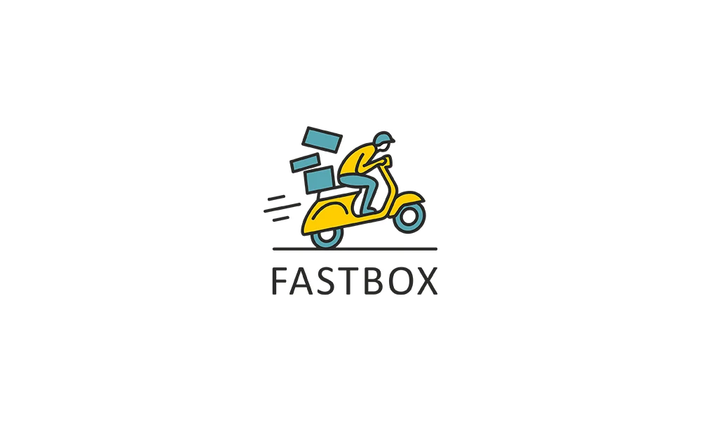 Логотип Fastbox: курьер на жёлтом скутере с коробками и название