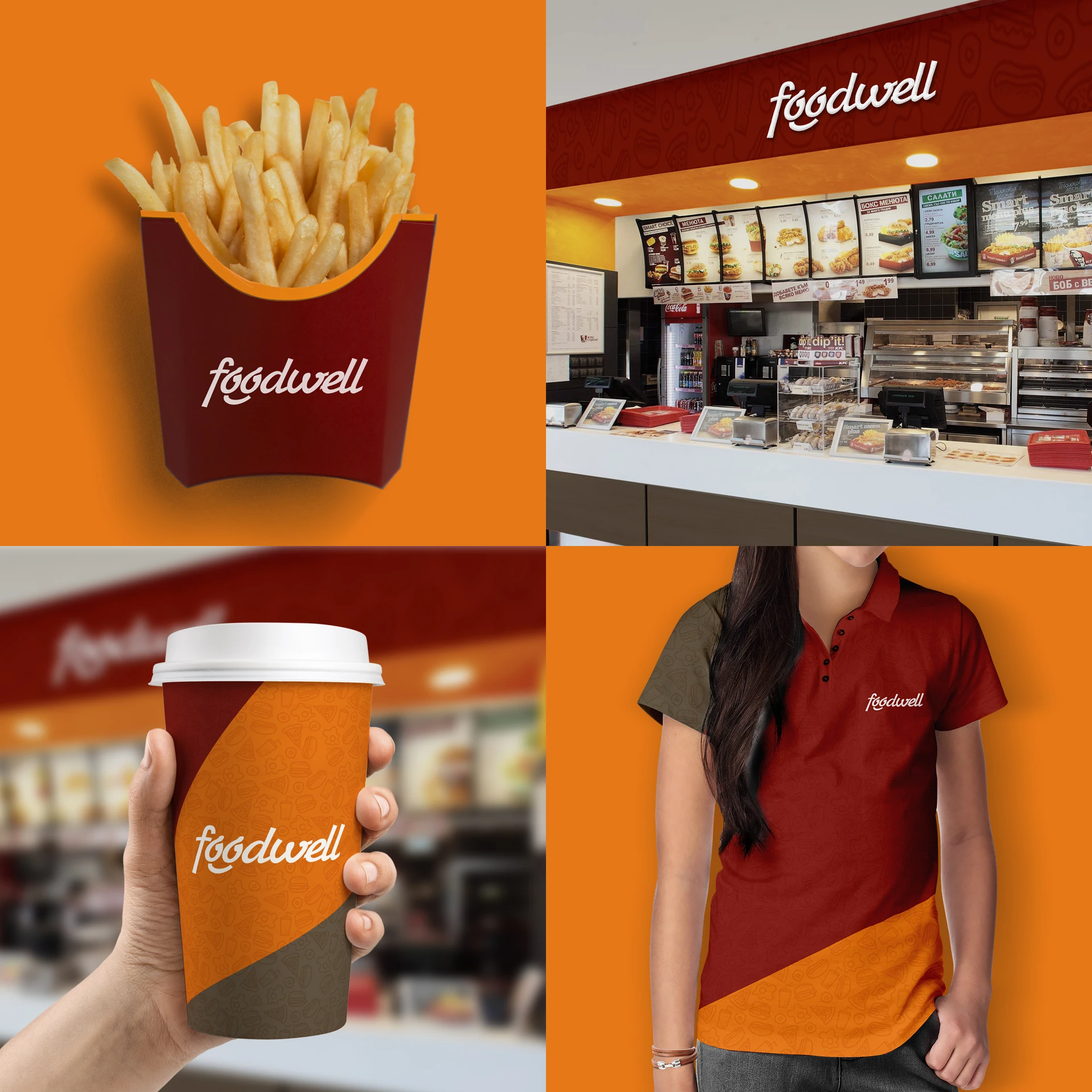 Логотип Foodwell на упаковке картофеля фри, стакане, вывеске и форме сотрудника