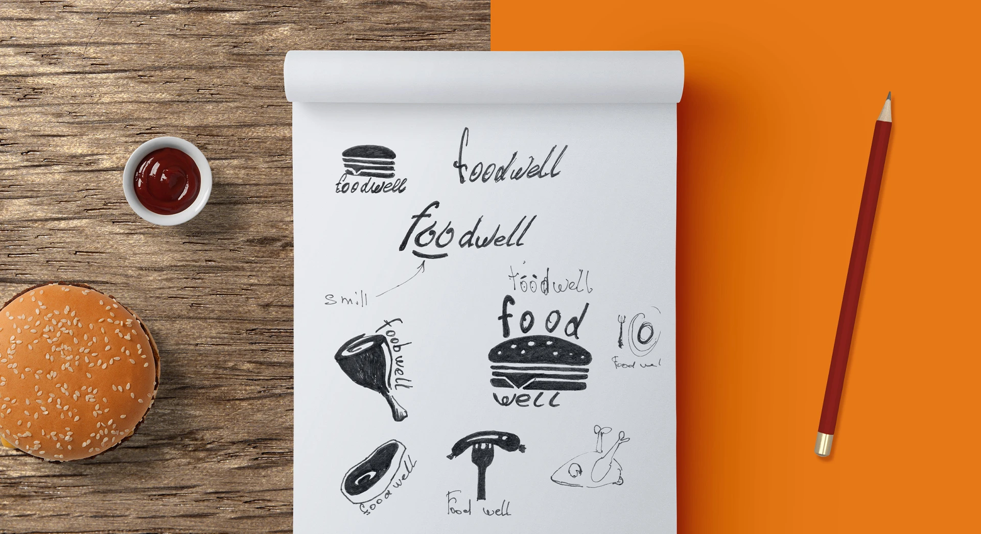 Эскизы логотипа Foodwell рядом с бургером и соусом