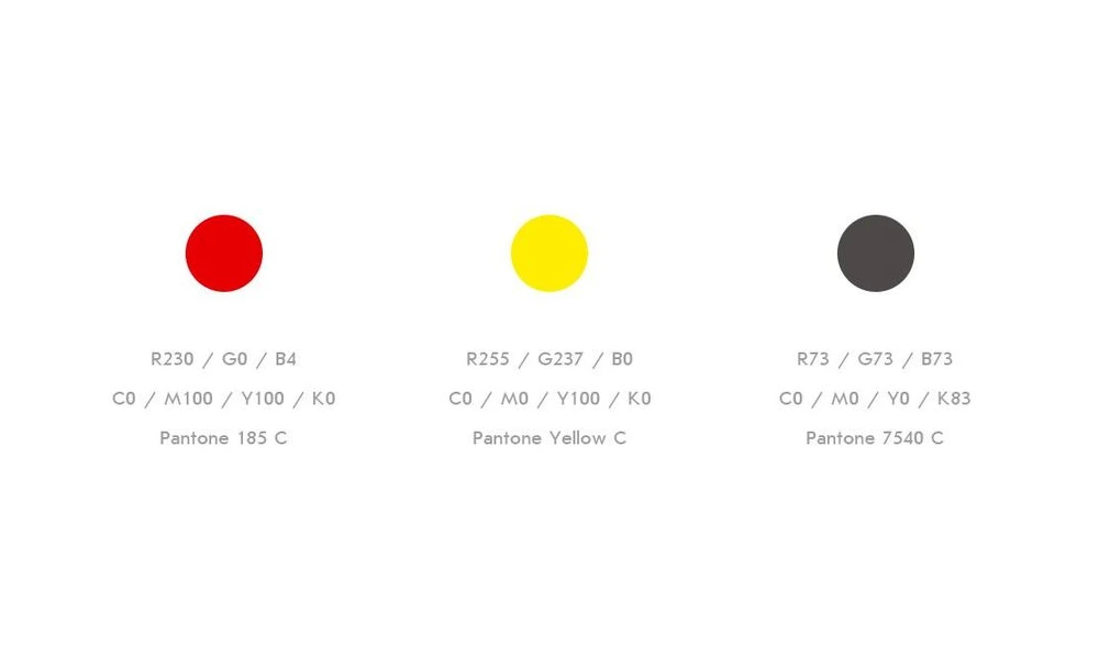 Фирменные цвета GOGEGO: красный, жёлтый и тёмно-серый с кодами RGB, CMYK и Pantone