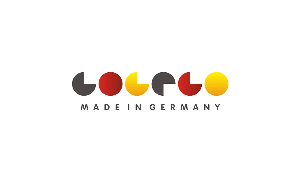 Логотип GOGEGO: буквы из полукругов в цветах флага Германии и подпись MADE IN GERMANY