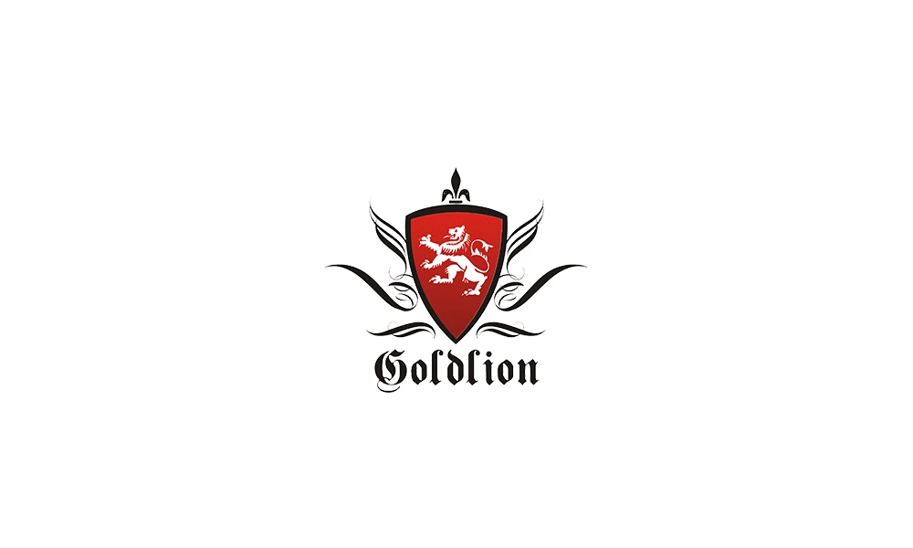 Логотип Goldlion: красный щит со львом и готическая надпись