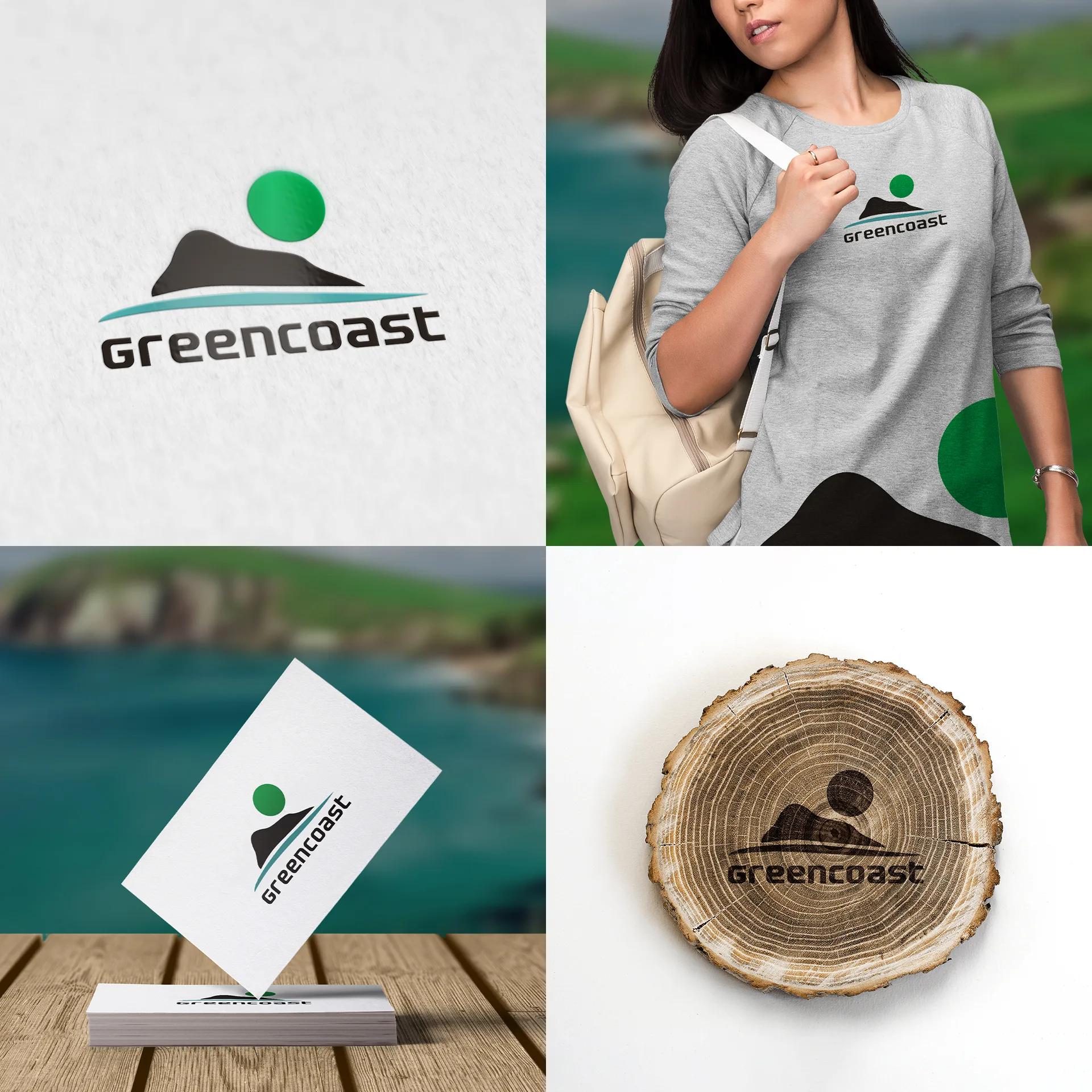 Логотип Greencoast на бумаге, свитшоте, визитках и спиле дерева