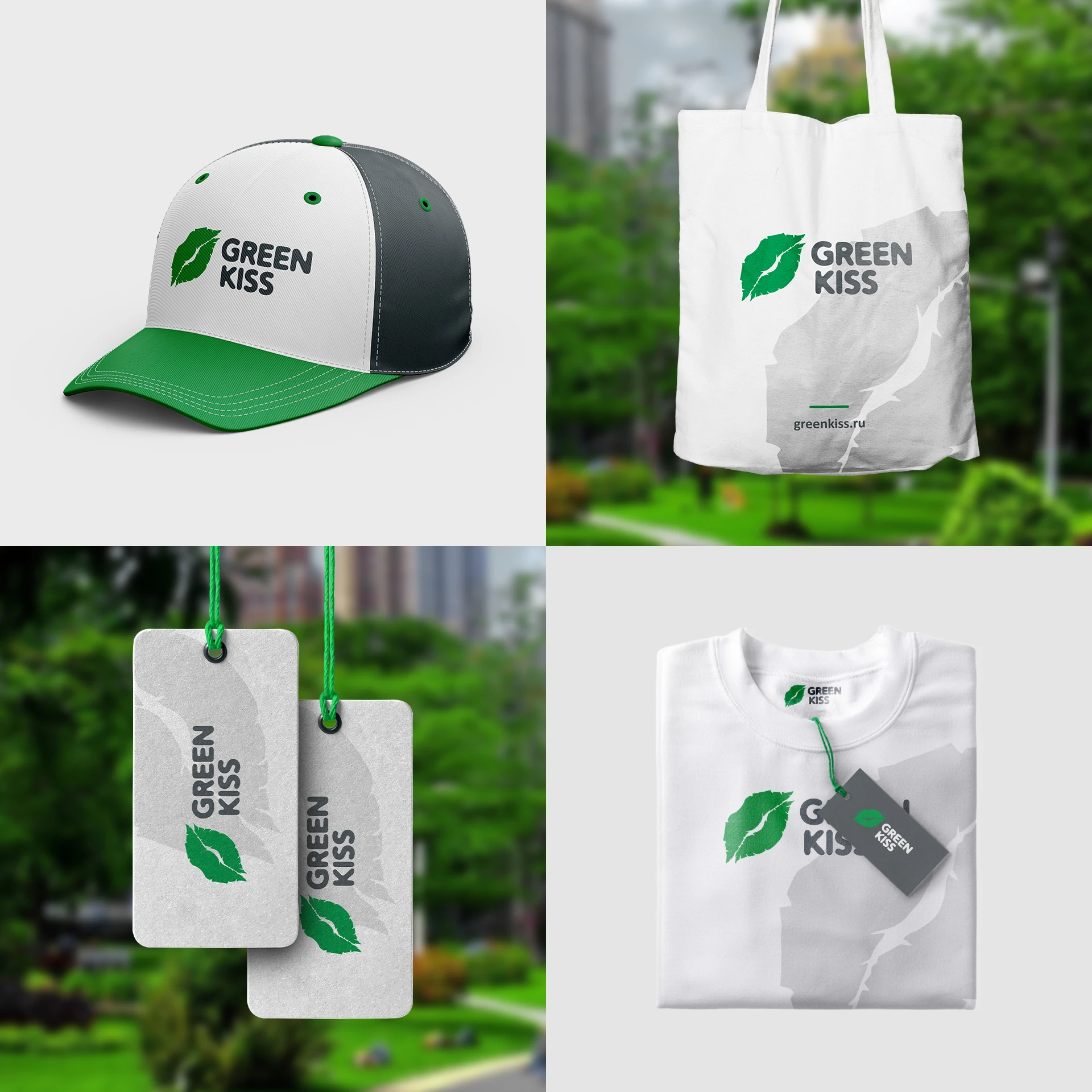 Логотип Greenkiss на кепке, сумке, бирках и футболке