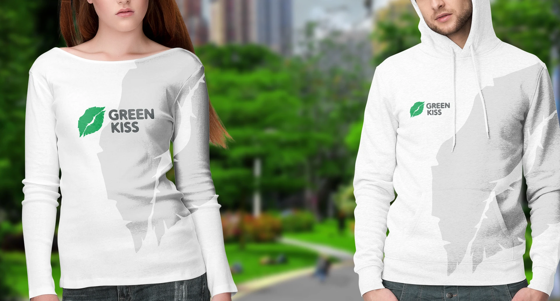 Девушка и парень в худи с логотипом Greenkiss в городском парке
