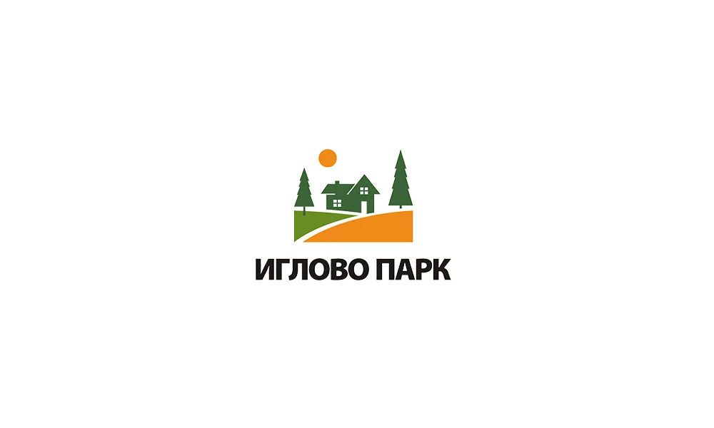 Логотип «Иглово парк»: дом среди елей на зелёном холме и оранжевое солнце