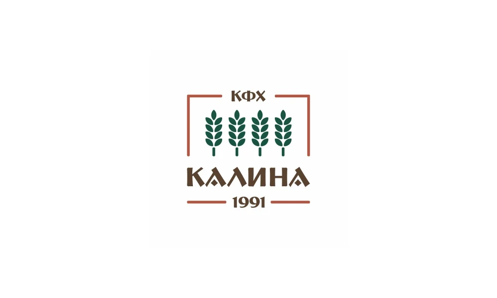 Логотип КФХ «Калина»: пять зелёных колосьев в рамке, название и год 1991