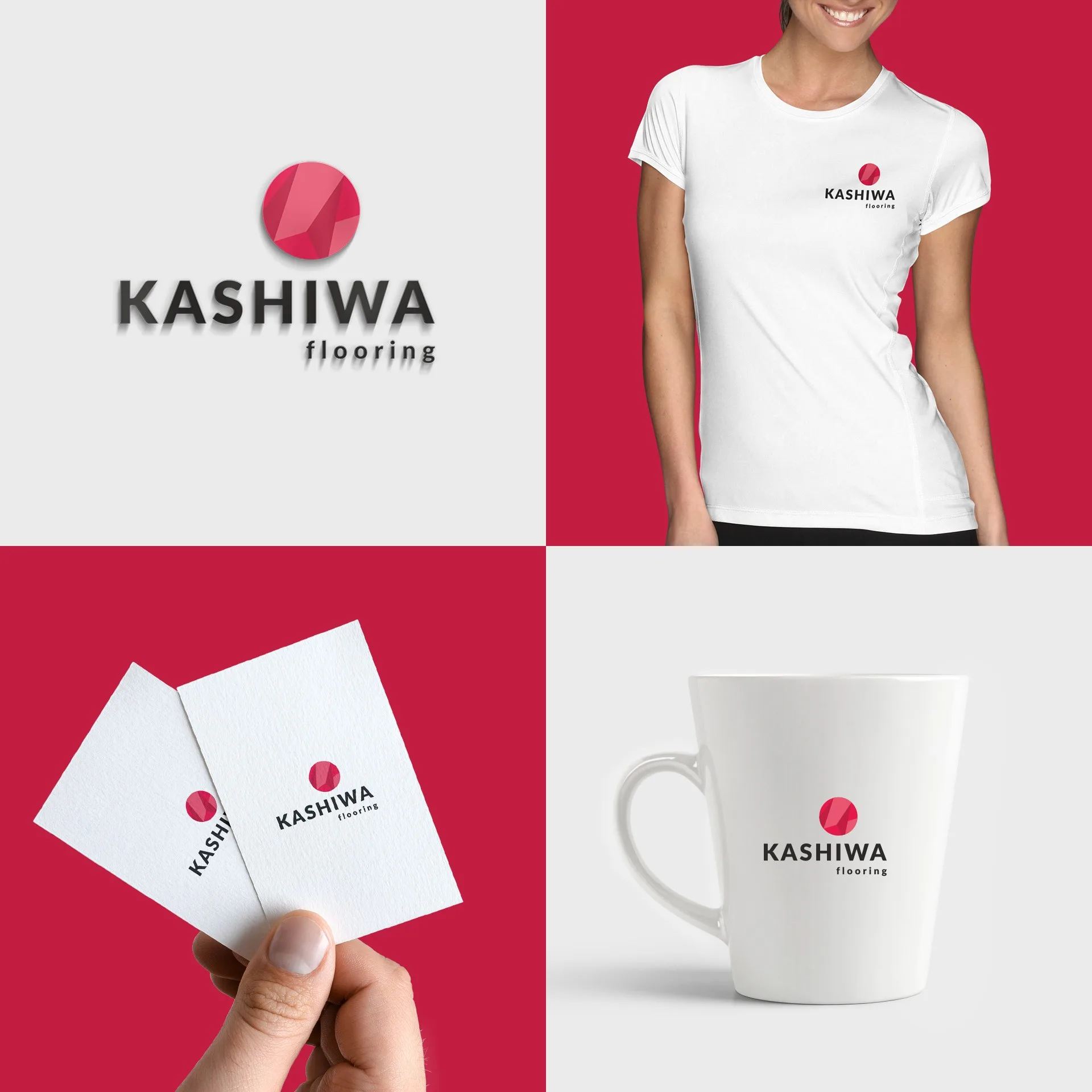 Логотип Kashiwa Flooring на бумаге, футболке, визитках и кружке