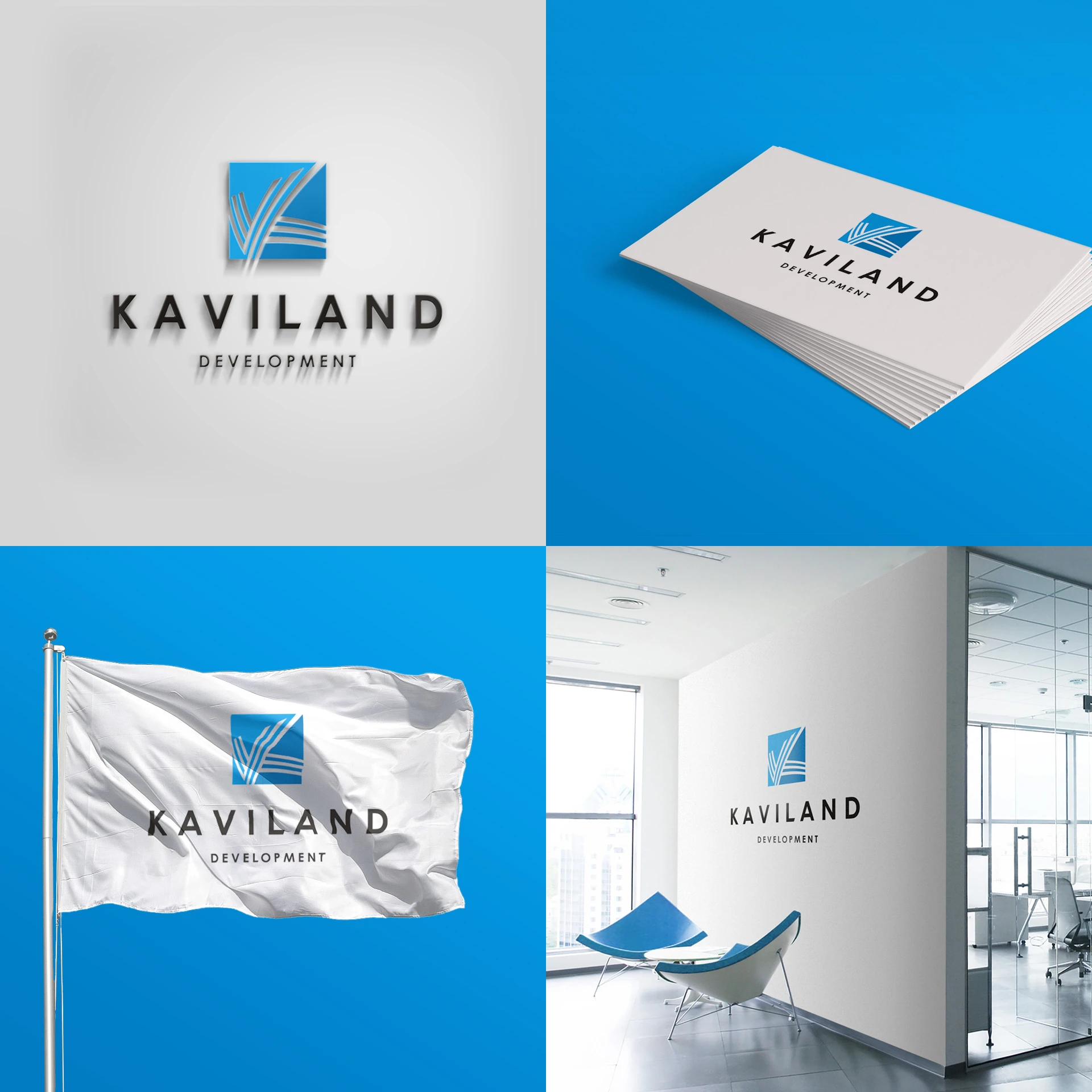 Логотип Kaviland на стене офиса, флаге и папке