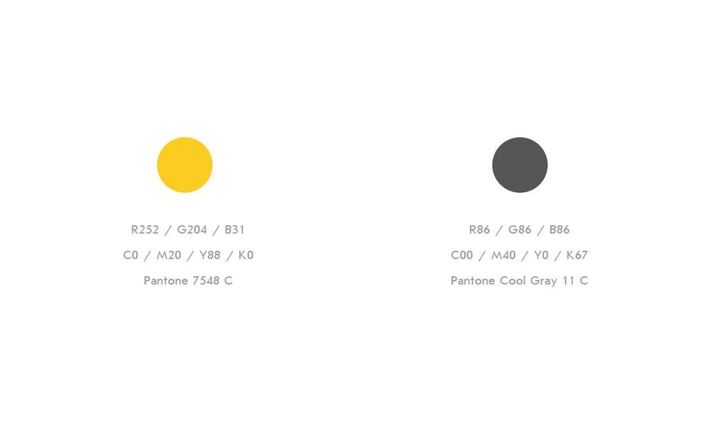 Фирменные цвета KENMAN: жёлтый и графитовый с кодами RGB, CMYK и Pantone