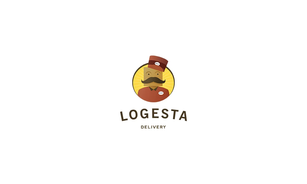 Логотип Logesta: усатый курьер в красной фуражке в жёлтом круге