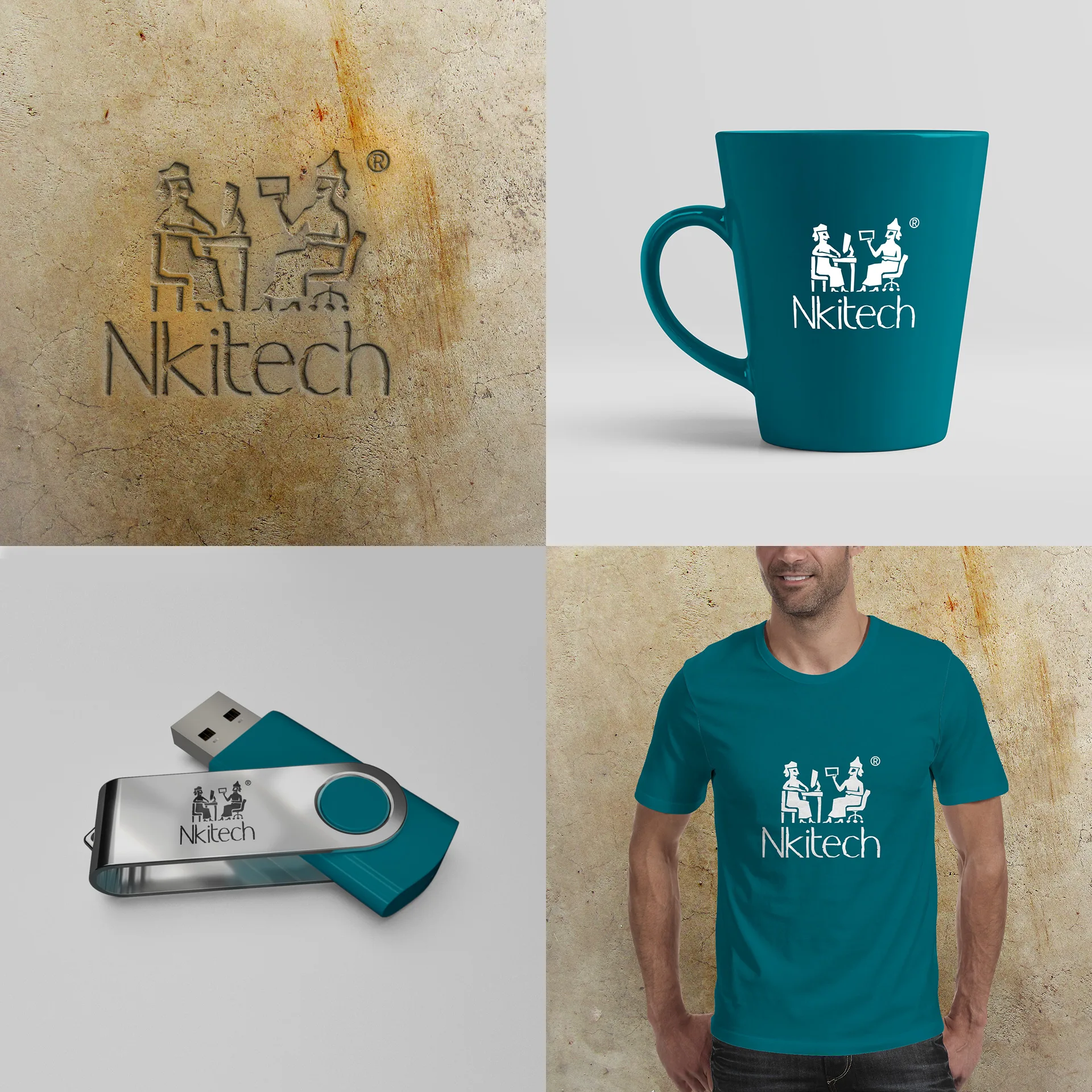 Логотип NKitech на камне, кружке, флешке и футболке