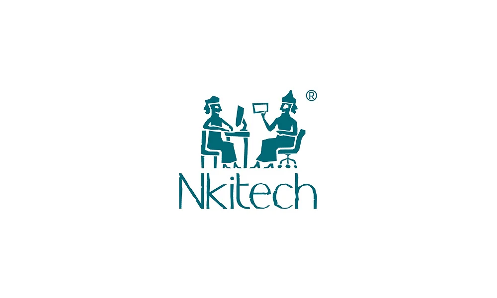 Логотип NKitech: два человека за компьютером в стиле древней пиктограммы
