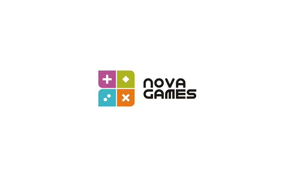 Логотип NovaGames: четыре цветные кнопки геймпада с символами и название