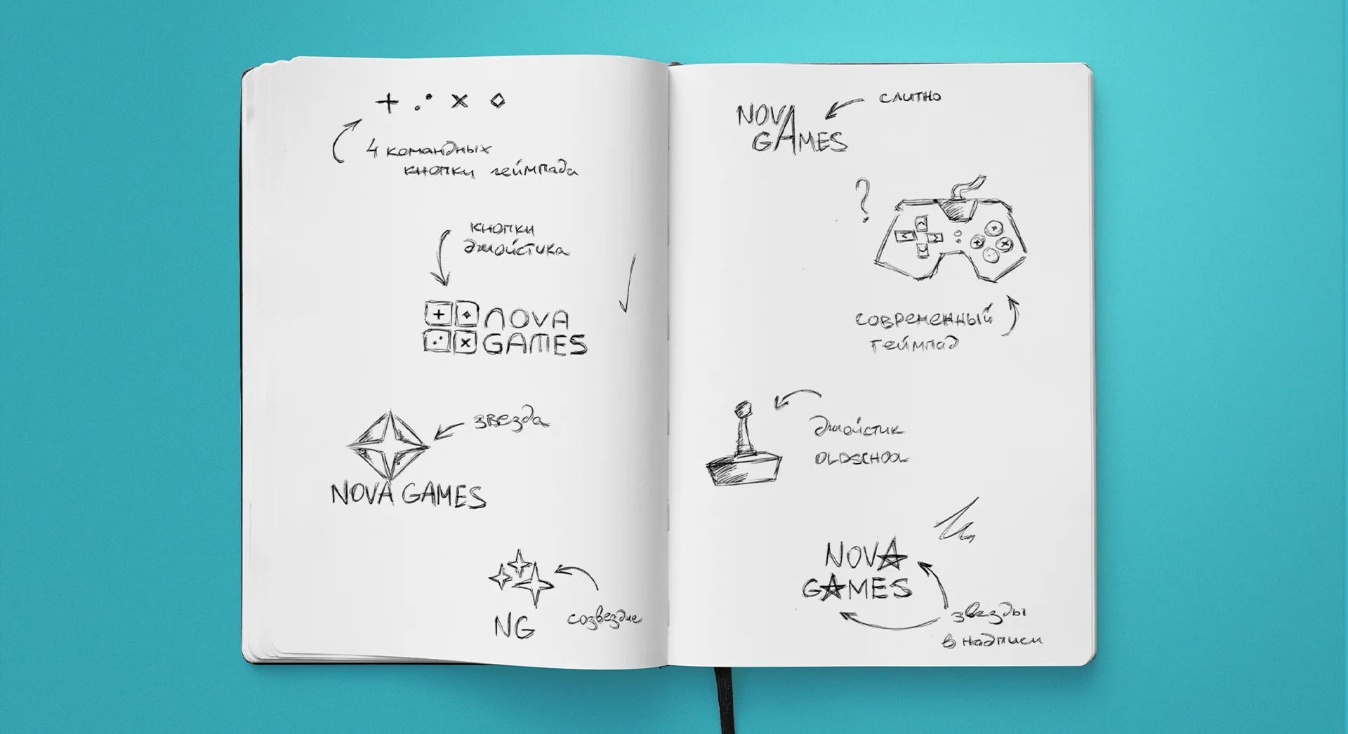 Эскизы логотипа NovaGames в раскрытом блокноте на бирюзовом фоне