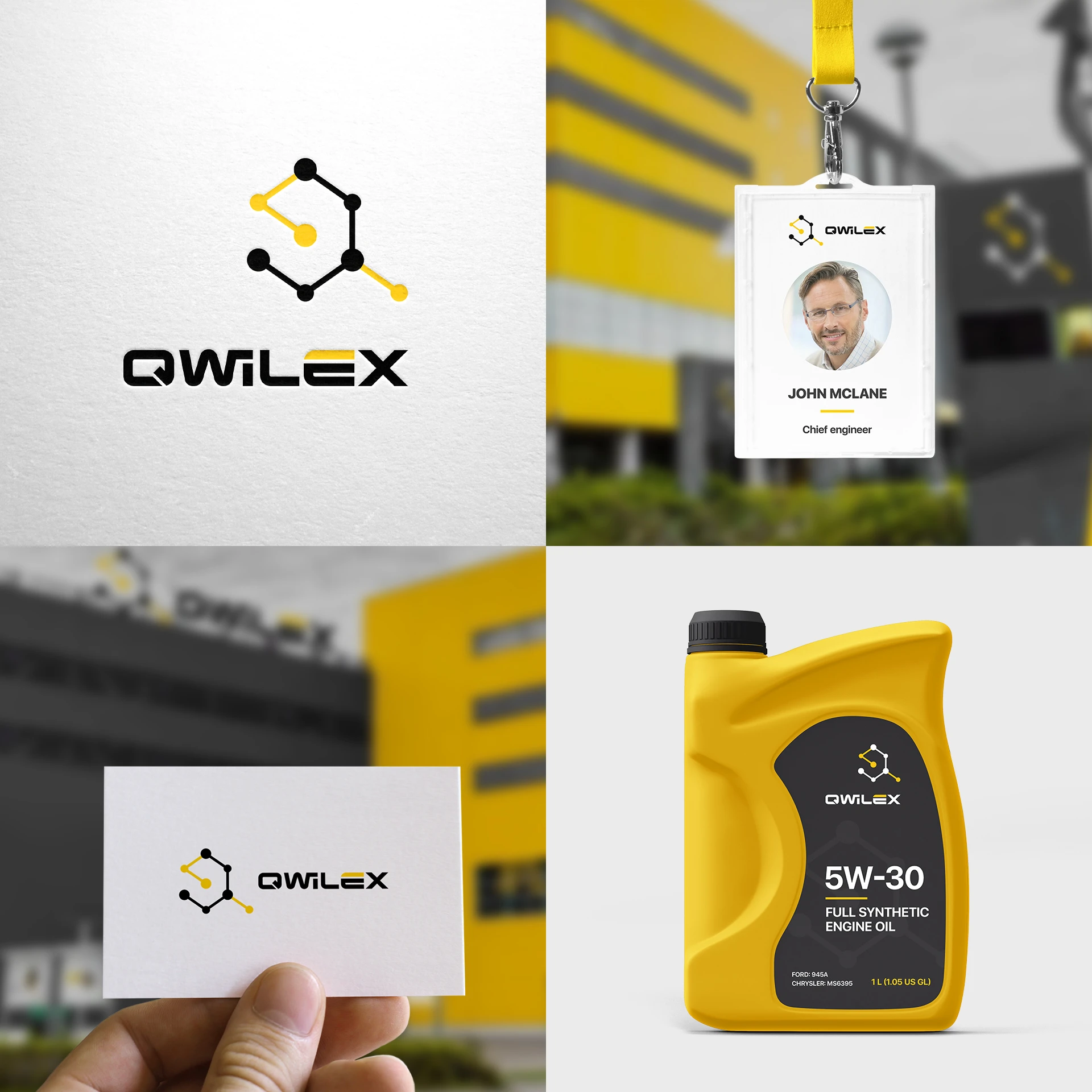 Логотип Qwilex на канистре масла, визитке, бейдже и здании завода