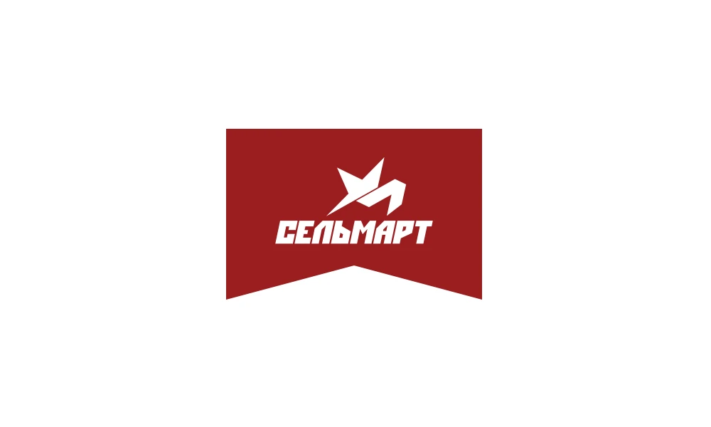 Логотип «Сельмарт»: бордовый флажок с птицей и надписью