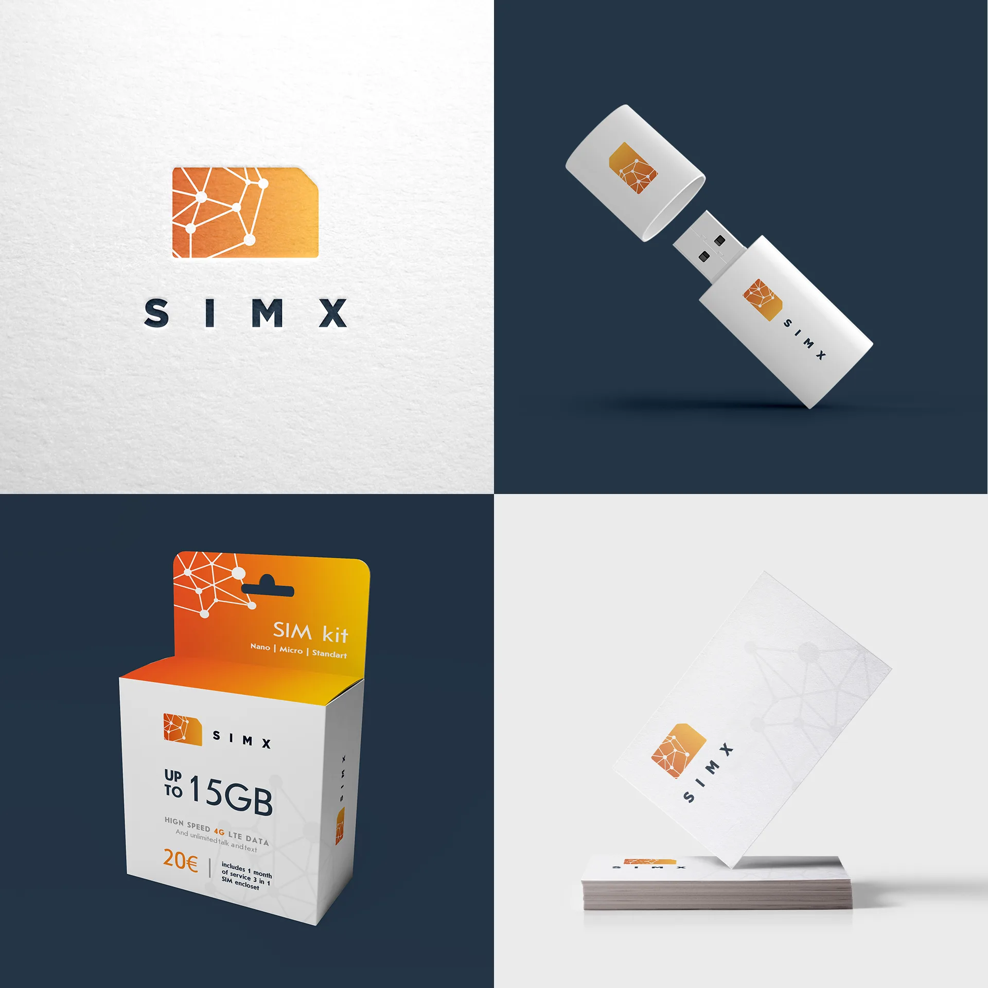 Логотип SIMX на бумаге, флешке, упаковке SIM-карты и визитках