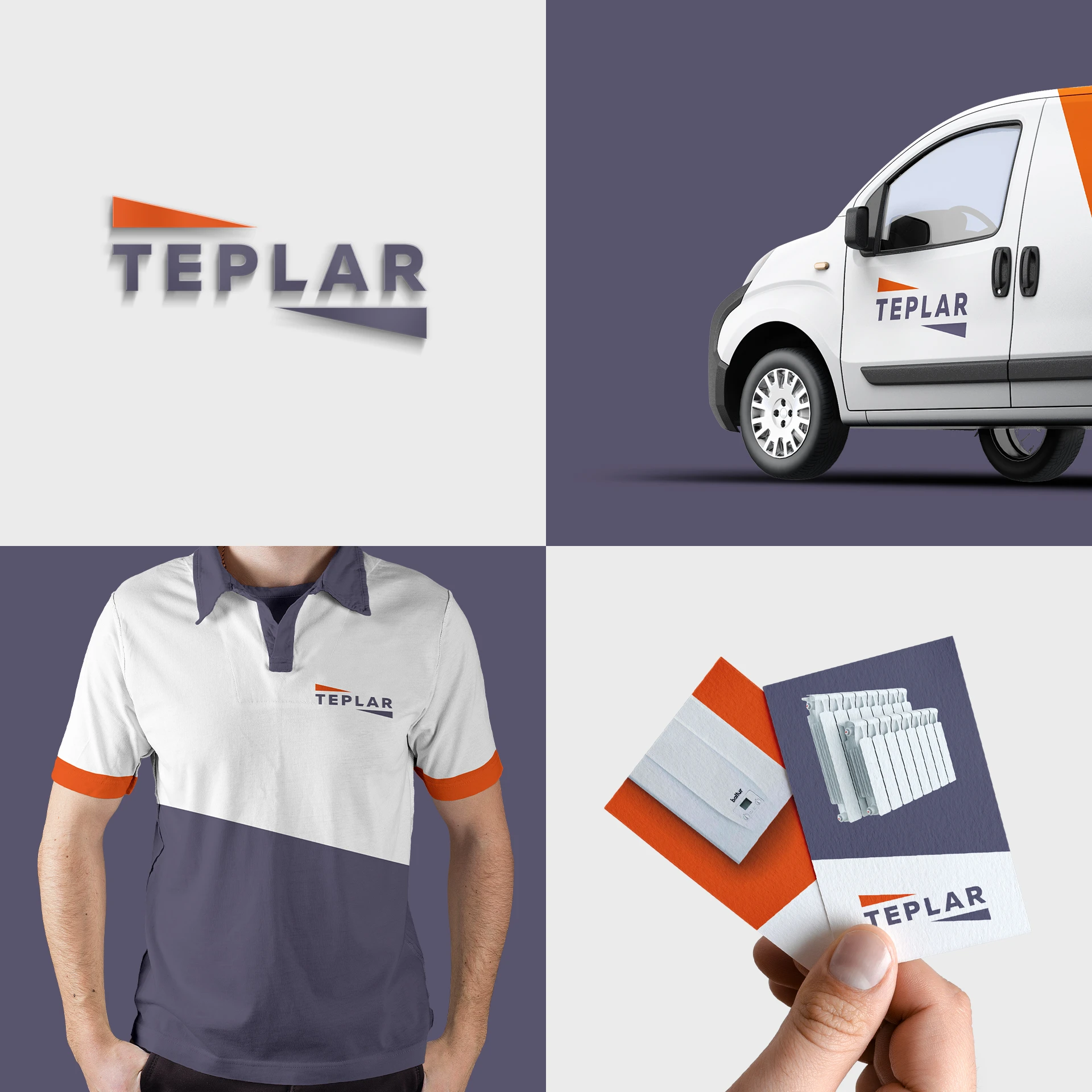 Логотип Teplar на фургоне, форме и визитках