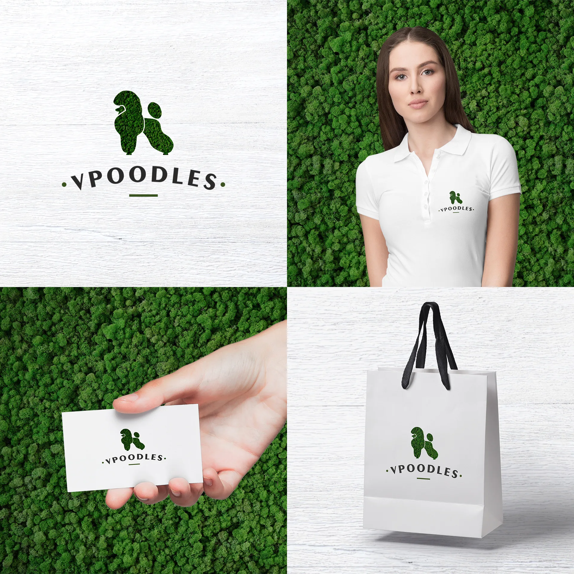 Логотип VPoodles объёмно, на поло, визитке и пакете
