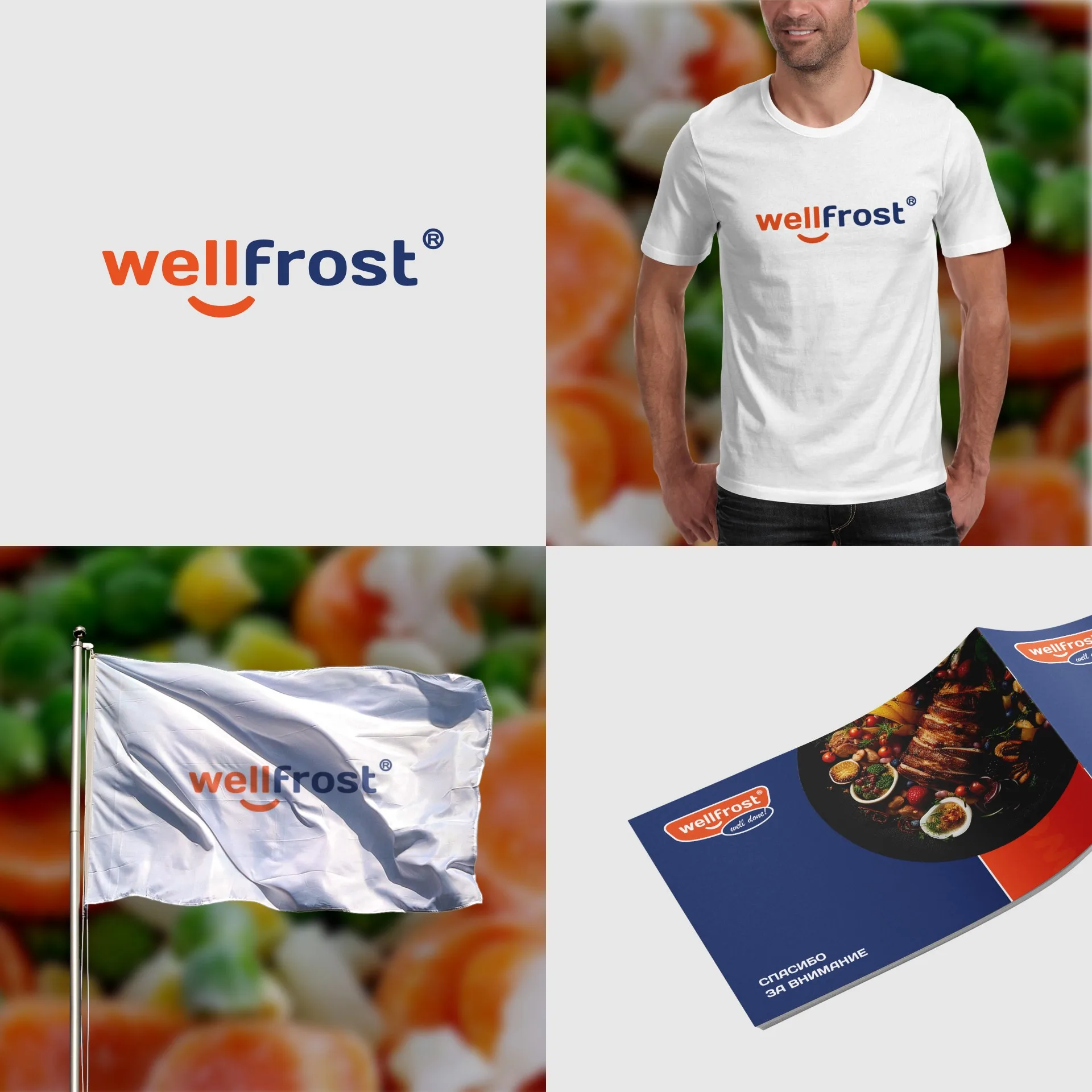 Логотип Wellfrost на бумаге, футболке, флаге и каталоге продукции